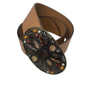 Chico's Genuine Leather Belt With Ornate Stone Embellished Buckle Medium Size